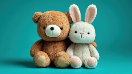 Fototapeta premium Playful teddy bear and fluffy bunny in soft colors