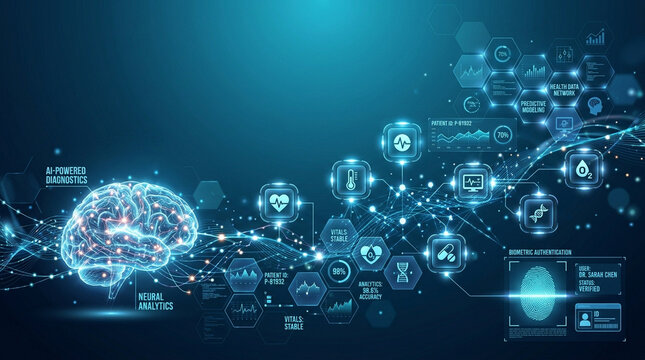Artificial intelligence neural analytics visualize brain diagnostics with biometric authentication and health data network for predictive modeling and patient vitals monitoring