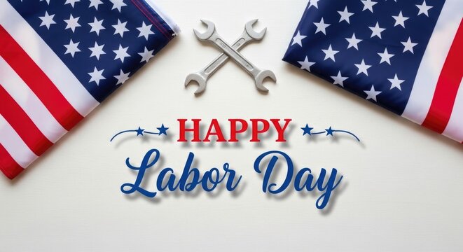 Happy labor day celebration with american flags and tools