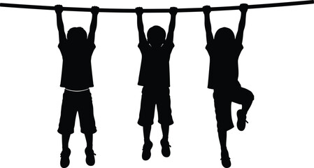 Kids hanging on bar silhouettes, playful children climbing monkey bars playground activity isolated on white background flat vector illustration © Rahena ARAFAT