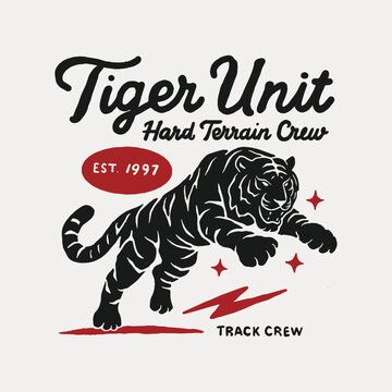 A fierce vintage tiger badge logo capturing agility and power. Featuring dynamic jumping tiger illustration in engraving style, perfect for bold branding and aggressive visual identity.