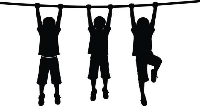 Kids hanging on bar silhouettes, playful children climbing monkey bars playground activity isolated on white background flat vector illustration
