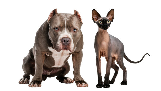 A muscular American Bully dog with blue eyes and a hairless Sphynx cat, standing side by side, isolated PNG, ideal for pet-themed designs