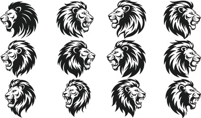 Lion head mascot silhouettes roaring predator wildlife animal emblem logo tattoo fierce king jungle illustration collection set © Rahena ARAFAT