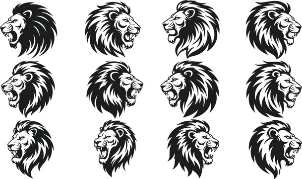 Lion head mascot silhouettes roaring predator wildlife animal emblem logo tattoo fierce king jungle illustration collection set