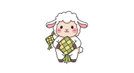 Obraz premium Cute Lamb Holding Ketupat for Eid al-Adha Celebration.