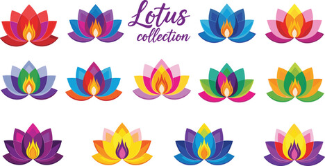 Fototapeta premium Lotus flower collection vector illustration, colorful designs, spiritual symbol, meditation artwork, decorative motif, nature culture, harmony, balance, flat vector illustration