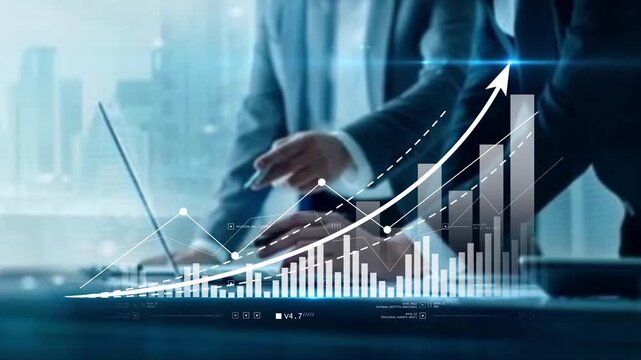 Two business men working on computer as a rising graph appears, representing business growth, financial success, data analysis and performance improvement in a modern corporate environment.