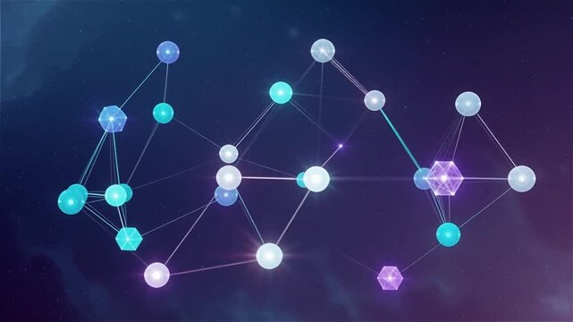 abstract blockchain network visualization, glowing nodes connected with light beams forming geometric patterns