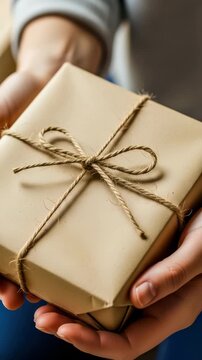 A person holding a gift wrapped in brown paper and twine