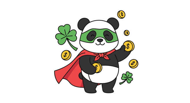 Lucky Panda Superhero with Clovers and Coins Illustration.