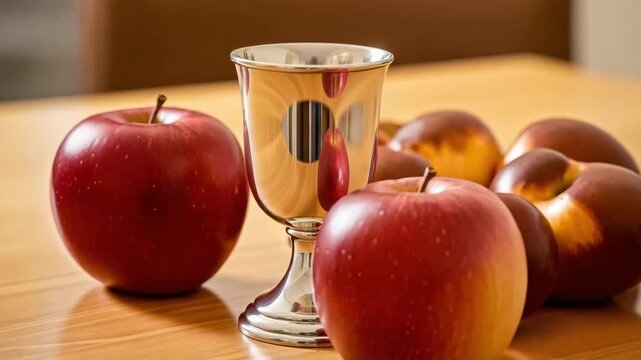 A shiny gold goblet surrounded by several red apples on a wooden table