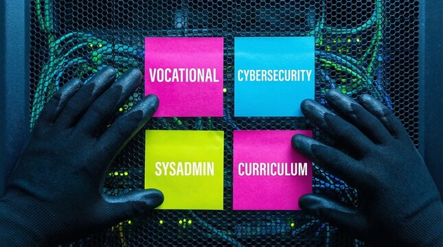 Essential IT Career Pathways Developing a vocational curriculum for cybersecurity and system administration, depicted on bright sticky notes against a secure server backdrop