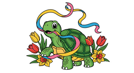 Fototapeta premium Whimsical Turtle with Colorful Ribbon and Floral Accents Illustration.