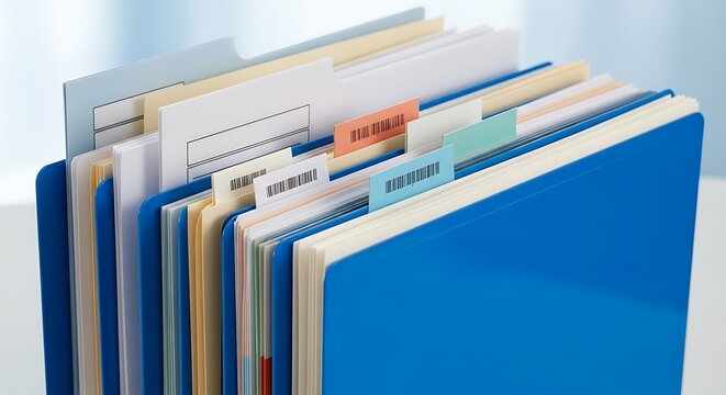 Row of brightly colored hanging file folders filled with organized documents and labeled tabs sits ready for retrieval.