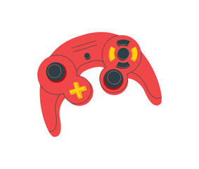 Red retro cartoon videogame joystick patch in playful style. Classic controller and gamepad joy stick for console, gadget, and game themes. Iconic video device, vintage patch for entertainment © moonnoon