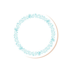 Circular frame with adventure, mountain, camp, and outdoor doodle outline. Nature and hiking label design, forest hand drawn graphic in blue. Ideal as circular frame for adventure or nature themed