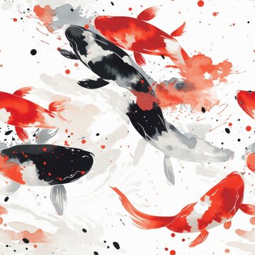 水彩画風の美しい錦鯉が優雅に泳ぐ姿を描いたシームレスなパターンデザインで、赤と黒の鮮やかな色彩と芸術的な墨のしぶきが調和した和風の背景素材は、伝統的な日本文化の美しさと現代的な感性を表現しています。