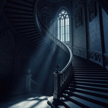 Grand, ornate stone staircase ascends within a dimly lit, gothic architectural interior