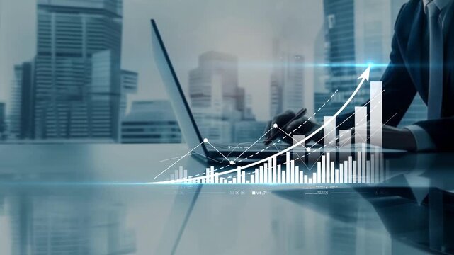 Businessman analyzing data on computer while an upward graph appears, symbolizing financial growth, strategic planning and successful business development in a modern environment.