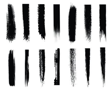  grunge vertical brush stroke set. Rough ink column dividers and distressed scratch borders. Vector paint slash elements.