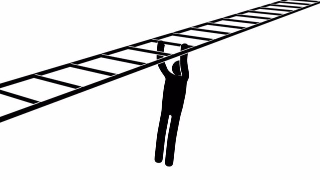 Stickman moving across horizontal ladder monkey bars using hands, pulling up and swinging from rung to rung. Seamless Loop Animation