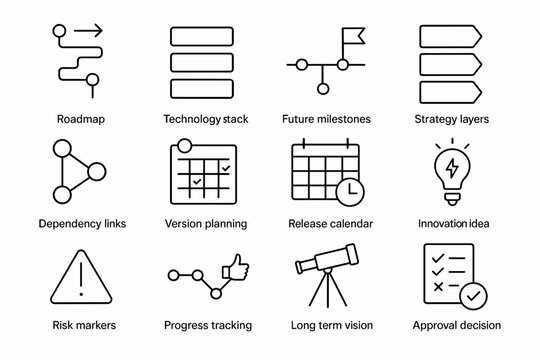 Technology Roadmap Icons. Technology roadmap planning. Line outline icon set of Technology roadmap planning: