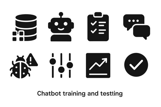 Chatbot Testing Icons. Chatbot training and testing. Filled icon set of Chatbot training and testing: training