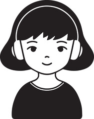Obraz premium Hand Drawn Girl Wearing Headphones Black and White Avatar Illustration in Minimal Line Art Style Design