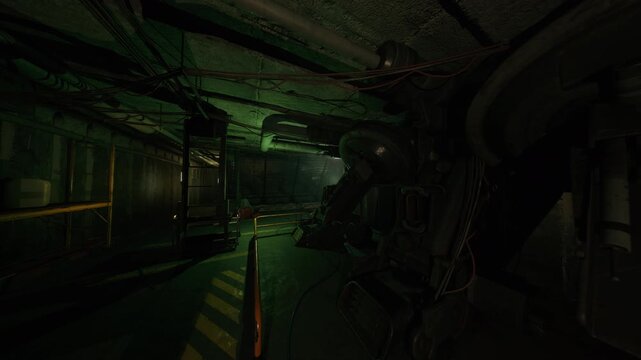 abandoned research tunnel glowing green, derelict lab consoles and shattered monitors, exposed wiring and leaking pipes, scattered sample containers and warning