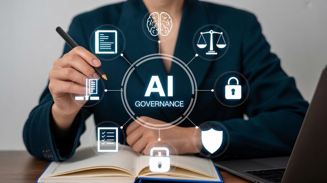 Businessperson working with AI governance icons