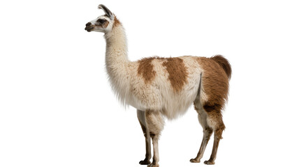 Fototapeta premium Majestic brown and white llama standing in profile, isolated on a transparent background, a beautiful South American animal PNG