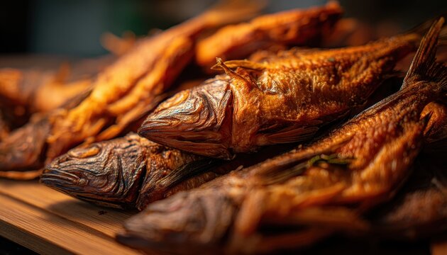 Primer plano de varios pescados ahumados enteros apilados sobre madera, destacando la textura de la piel seca y el color &aacute;mbar de la cocci&oacute;n.