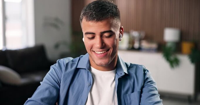 Earphones, music and man dance in home with phone, sound and streaming service for happiness. Mobile, house and person listen to audio with radio, online playlist and subscription on internet