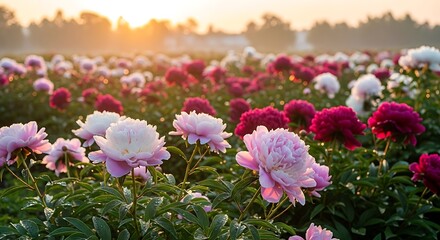 Fototapeta premium Vibrant Peony Flower Field at Sunset.