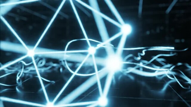 Abstract digital network with luminous interconnected nodes and flowing pathways, symbolizing advanced technology, complex data communication, and futuristic information