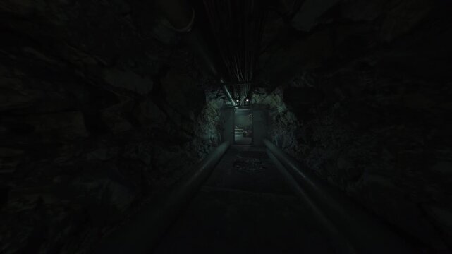 dark flooded maintenance shaft leading toward distant light, submerged conduit and service pipes creating mirror reflections, dripping ceilings, oily runoff