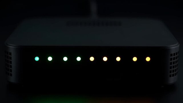 Modern WiFi Router with Blinking LED Lights in Dark Environment