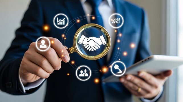 Businessman using tablet with handshake and social media icons