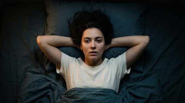 young woman lying awake in bed with hands behind head staring at ceiling in dark moody bedroom at night