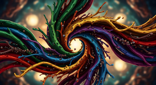Organic abstract vortex, fluid ribbons of color intertwining like living matter