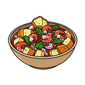 Shrimp salad with vegetables and tofu in a wooden bowl  