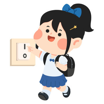 Girl Turning Off Light Switch Energy Saving