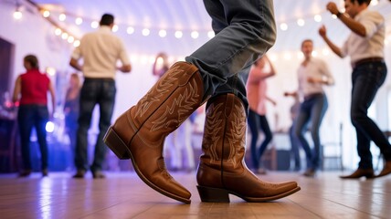 Fototapeta premium Cowboy boots dancing on wooden floor, people in background