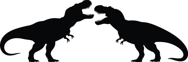 Two Tyrannosaurus Rex Dinosaur Silhouette Facing Each Other Roaring in Battle, Prehistoric Predator Vector Illustration Isolated on White for Logo, Tattoo, Wildlife, Jurassic Theme Design © MstHosneAra
