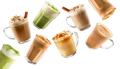 Naklejka premium Various latte and matcha beverages arranged in scattered style isolated on white background, concept refreshment drinks