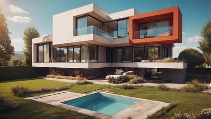 Fototapeta premium Modern white and orange house with a swimming pool and garden in a sunny day with blue sky and clouds