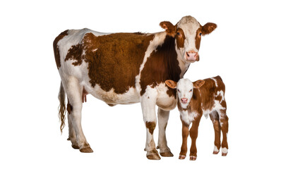 Brown and white adult cow and her young calf standing together, a beautiful farm animal family isolated PNG on transparent background © Alexander