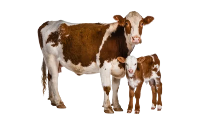 Fototapete Kuh Brown and white adult cow and her young calf standing together, a beautiful farm animal family isolated PNG on transparent background  © Alexander