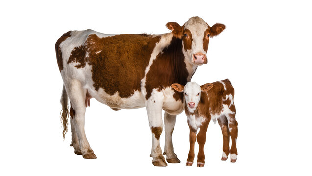 Brown and white adult cow and her young calf standing together, a beautiful farm animal family isolated PNG on transparent background